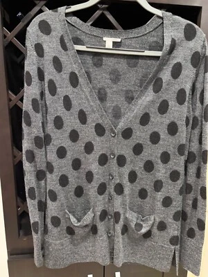 Halogen Wool Women Wool Gray w/ Black Polka Dots Cardigan Sweater Large VG Cond* - Image 1 of 4
