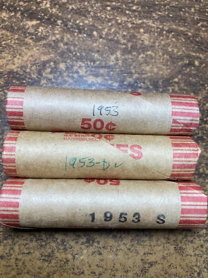 1953-P, 1953-D, 1953-S LINCOLN WHEAT CENT PENNY 3 ROLL SET, nice condition - Image 1 of 4