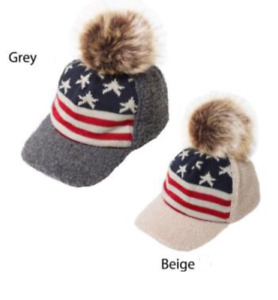 USA American Flag PRINT Faux Fur POM Winter Warm Beanie Hat Skull Ski CAP Beige