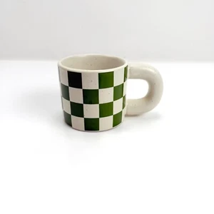 Korean Green Checkerboard Ceramic Mug Fat Coffee Latte Cup Drinking Container - Picture 1 of 10