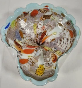 Murano Tutti Frutti Confetti Aventurine Glowing Flecks Scallop Blue Rim 9" Bowl - Picture 1 of 9