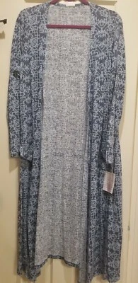 Lularoe Sarah Cardigan Duster, Blue/Gray Geometric, 55% Linen, Size Medium, NWT - Image 1 of 3