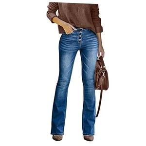 High Waisted Skinny Bell Bottom Jeans for Women Stretch Flare Small Dark Blue - Picture 1 of 6