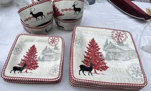 222 Fifth NORTHWOOD Cottage Deer Red Christmas 12 piece plates bowls - Picture 1 of 5