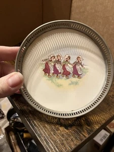 Silver Plate Ceramic w/Dutch Girls Wine Coaster 4.5”x1” - Picture 1 of 6