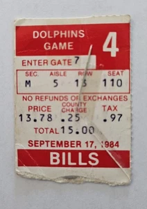 Boleto de Buffalo Bills 17/09/1984 contra Miami Dolphins Dan Marino 296 yardas 3TD - Imagen 1 de 2