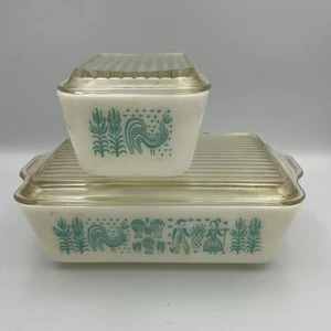 Vtg Pyrex Amish Butterprint Refrigerator Dish Set 502 & 503 with Lids Rooster - Picture 1 of 8