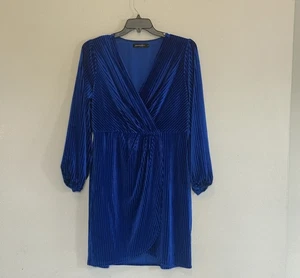 MEROKEETY Royal Blue Ribbed Velvet Faux Wrap Dress XL Long Sleeve Party Holiday - Picture 1 of 7