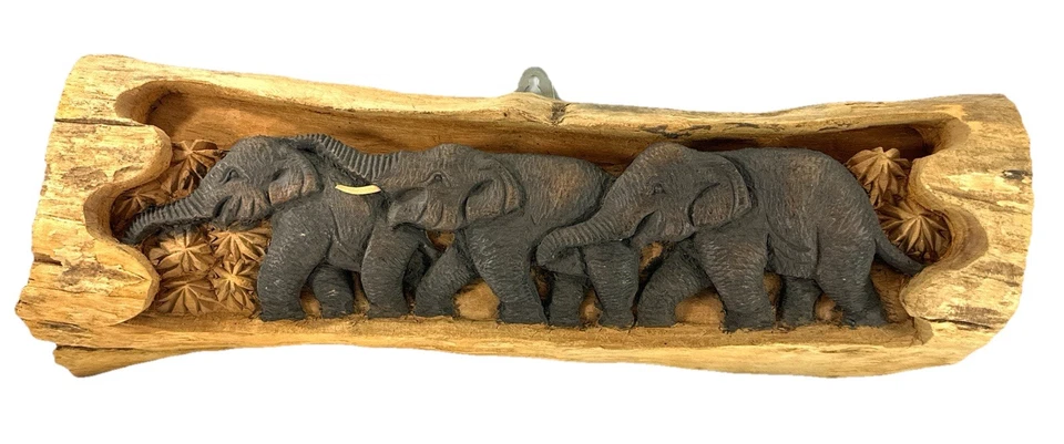 "Escultura rústica de madera tallada a mano de arte de pared de elefante decoración Bangkok 2004 16""" Foto 1 de 4