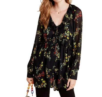 Anthropologie Blouse S Black Floral Ruffle Semi Sheer Whimsigoth Dark Romantic - Image 1 of 4