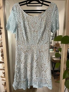 LILY WHYT Cocktail Dress Size 10 ~ Blue Elegant Lace Overlay Stretch Skater - Picture 1 of 8