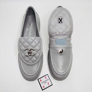 NIB 21B Chanel gray interlocking CC logo loafers 39 EUR size 