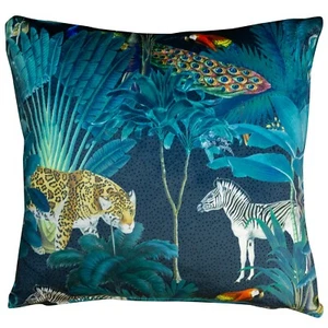Palm Forest Velvet Cushion. Jungle Birds and Animals on a Bright Teal Background - Picture 1 of 5