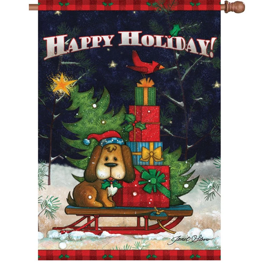 Feliz Fiesta Trineo Perro Árbol de Navidad Regalos Casa Bandera 40" x 28" Foto 1 de 1