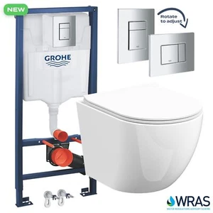 Rimless Wall Hung Toilet Pan, Seat & GROHE 1.13m Concealed Cistern Frame WC - Picture 1 of 10