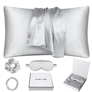 100% Mulberry Silk Pillow Case & Sleep Mask Set, Queen, Silver, Hair & Skin - Picture 1 of 7