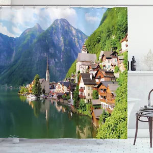 Rustic Shower Curtain Alps Village Small Town Print for Bathroom - Picture 1 of 8
