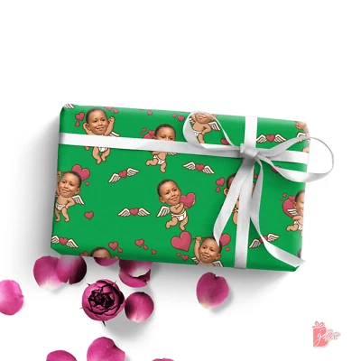 Personalized Gift Wrapping Paper Roll 24 Inch w/ Photo Face Cut Loved By Cupid - Image 1 of 4