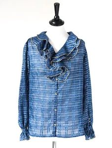 New Romantic Ruffle Blouse - Blue See Through - Vintage 1980s - M / UK 12 - Imagen 1 de 7