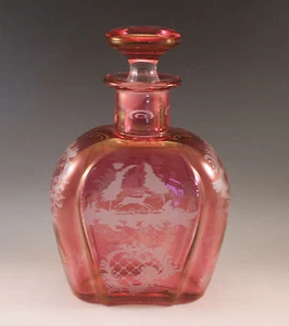 ANTIQUE GLASS BOHEMIA DEER CASTLE RUBY FLUSH CUT TO CLEAR DECANTER EGERMANN - Picture 1 of 8