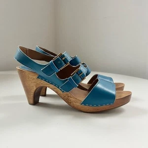 Anthropologie Women's Lucky Penny Leather Wooden Clogs Blue Brown Sz 7 Brazil - Picture 1 of 10
