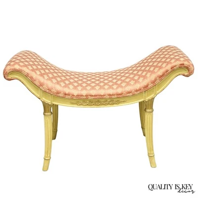 Vintage French Hollywood Regency Cream & Gold Wood Pink Waterfall Vanity Bench - Image 1 of 4