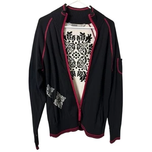 Chaqueta Suéter Athleta Bordada con Cremallera XL Negra Roja Borde Boho Apres Ski - Imagen 1 de 8