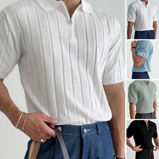 Mens Knitted Short Sleeve Shirt Zip Up Collared Formal Shirt Pullover Tee Tops