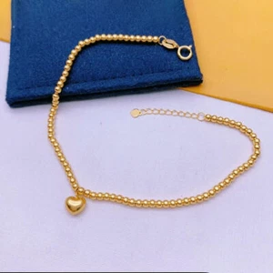 Pure 18K Yellow Gold Smooth Beads Link Chain Women Bracelet 6.3"L - Picture 1 of 4