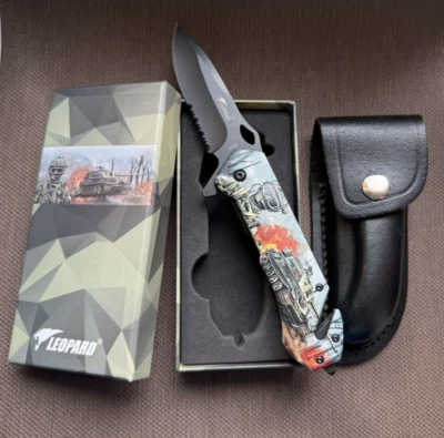 Leopard Pocket Knife Blade Handle Sheath Leather Men's Opener Military Gift - Image 1 of 4