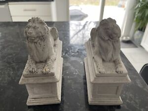 Set Of 2 Stone Book New York Public Library Lions Bookends Statue Heavy AMR 1965