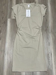 NWT Athleta Womens Size XXS Tan Effortless Tee Dress V Neck Ruched Stretch - Picture 1 of 13