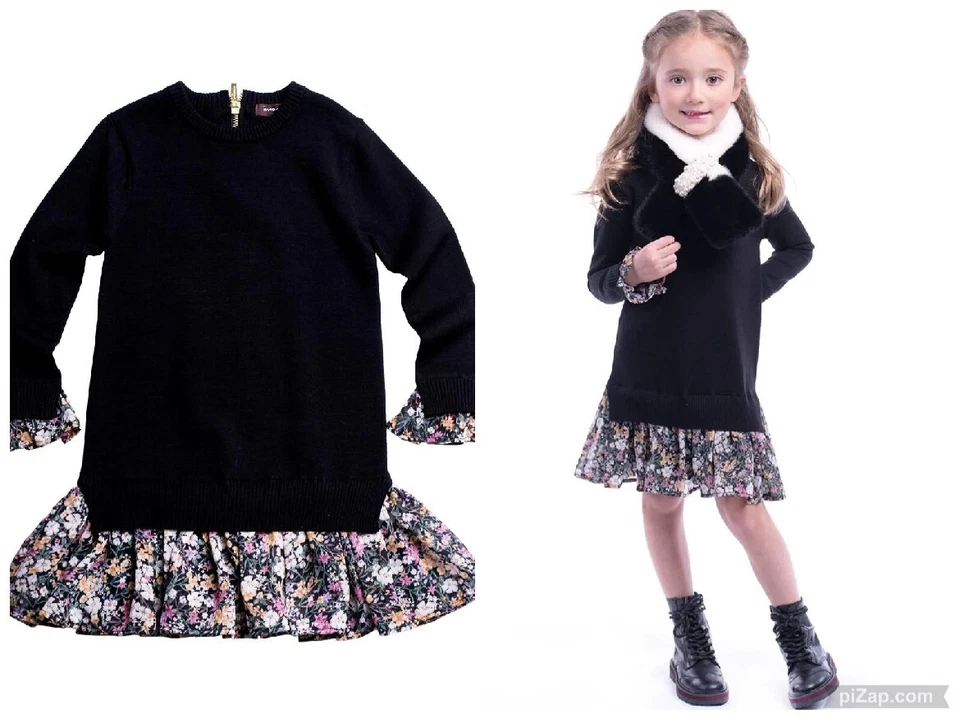 IMOGA GIRLS RITA SWEATER DRESS LONG SLEEVE BLACK KNIT FLORAL CHIFFON  GARDEN  8 - Image 1 of 4