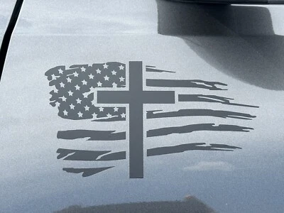 Pair (2) 4x7 Matte Black American Flag Vinyl Decal Sticker with Cross, Christian - Image 1 of 4