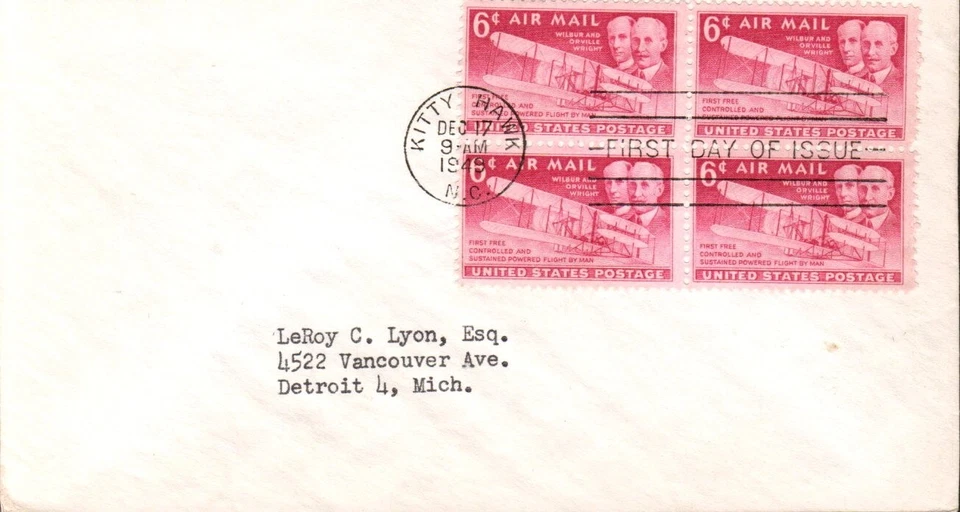 SCOTT#: C45 WRIGHT BROTHERS 6¢ DEC 17 1949 KITTY HAWK NC FIRST DAY COVER FDC BX7 - Image 1 of 1