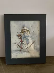 Pupazzo di neve incorniciato Peggy Abrams con scopa inverno arte natalizia cornice legno blu 10x12 - Foto 1 di 4