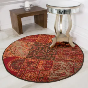 Red Cirlce Patchwork Rug Traditional Dining Room Rugs Small Large Round Area Mat - Picture 1 of 2