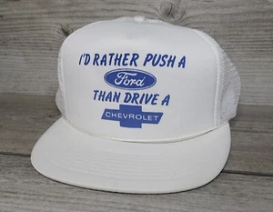 Vtg Trucker Hat I'd Rather Push A Ford Than Drive A Chevy Mesh SnapBack White - Picture 1 of 6
