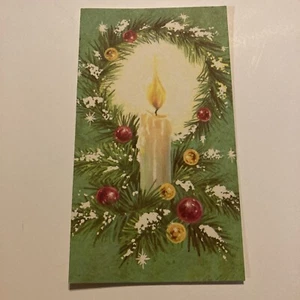 Vtg CHRISTMAS CARD-approx 3.25x6" Candle With Ornaments Green W/ Env. - Picture 1 of 5