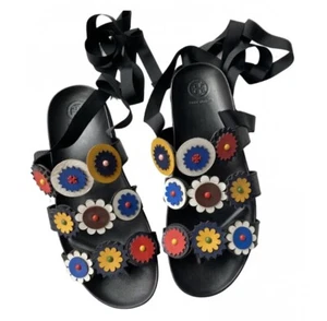 Tory Burch Marguerite Leather Floral Sandals Size 9 Lace Around Ankle Cute! Ar - Picture 1 of 5
