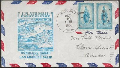 First Flight FAM 30 Honolulu HI to Los Angeles CA Oct 10 1950 with Pair SC #989 - Image 1 of 2