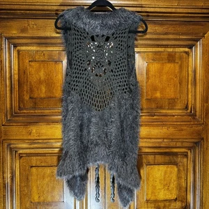 BKE Boutique Weste Damen M grau Kapuze Kunstfell Häkel hinten vorne offen Boho - Bild 1 von 8