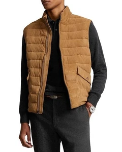 $898 Polo Ralph Lauren Men’s Suede Quilted Full Zip Vest, Khaki, Large - Picture 1 of 4