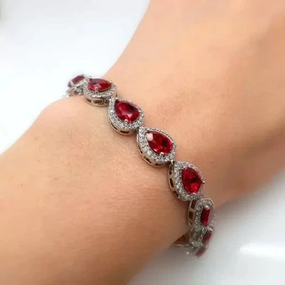 12.9 Ct Pear Cut Lab-Created Red Ruby Halo Bracelet 14K White Gold Plated - Image 1 of 4