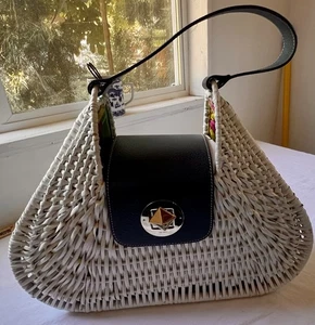 Borsa a mano Kate Spade avorio navy SANTIAGO ALEK PIANTAGIONE VIMINI - Foto 1 di 19