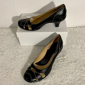 Sofft schwarze hochhackige Damen-Pumps aus Leder mit geflochtener Zehenpartie Größe 9,5 M - Bild 1 von 10