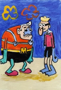3.5"X2.5 Artist Trading Card Sponge Bob Mermaid Man/Barnicle HAND PAINTED ACRY - Picture 1 of 1
