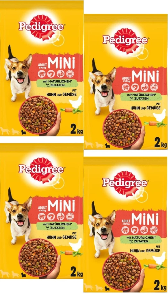 Pedigree Adult Mini mit Huhn + Gemüse (€5,53/kg) Trockenfutter Hund 4x 2 kg Tüte - Bild 1 von 1
