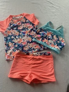 Ideology Swimsuit Set Big Girl XL 16 Floral Rash Guard Boy Short Mesh Tank 3 Pc - Picture 1 of 13