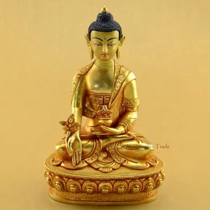 Estatua de cobre pintada con cara dorada de Buda de la Medicina de 8,25" Patan, Nepal - Imagen 1 de 5